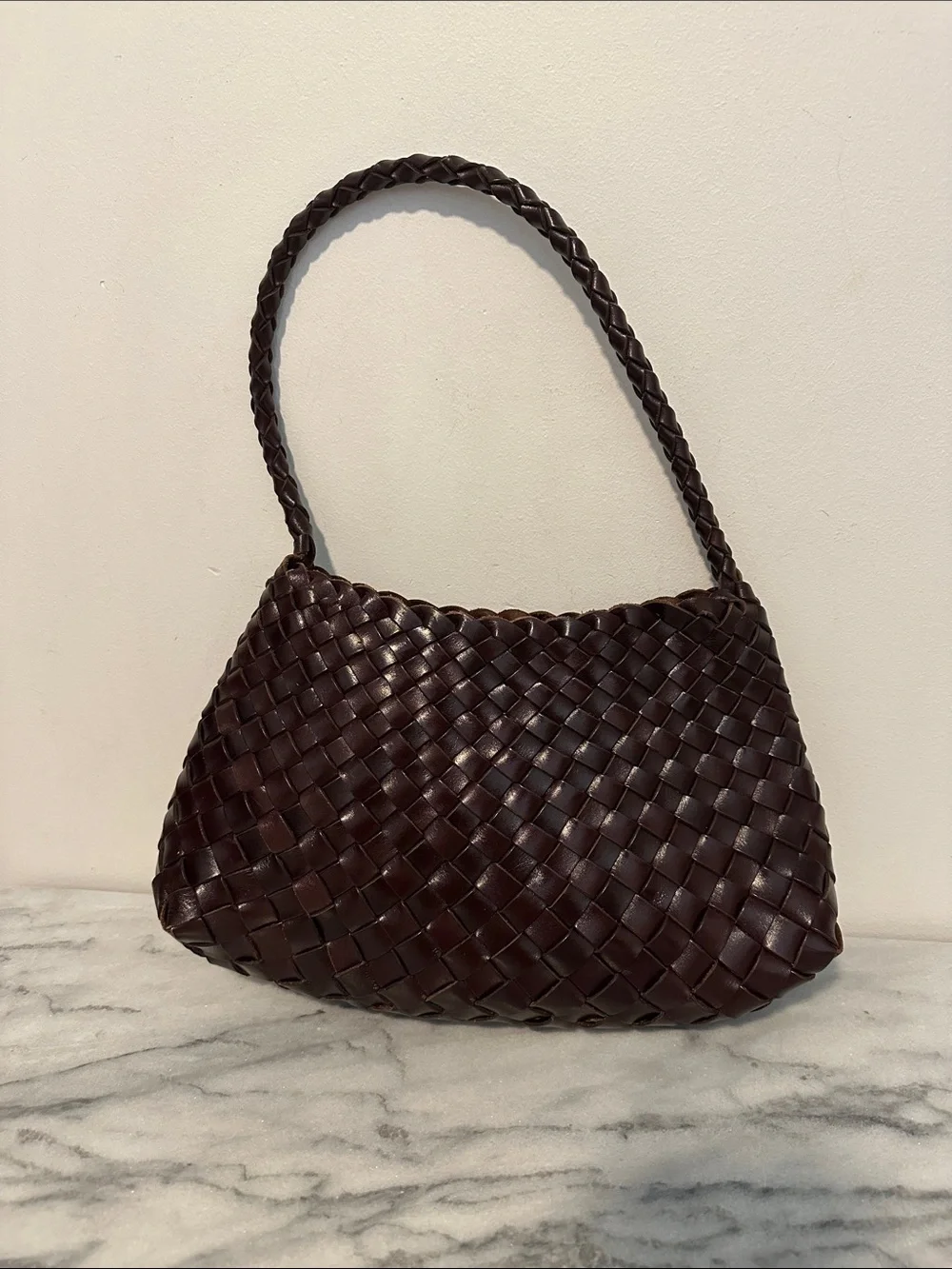 Faye Creations Emma Woven Full-Grain Leather Shoulder Bag - Dark Brown